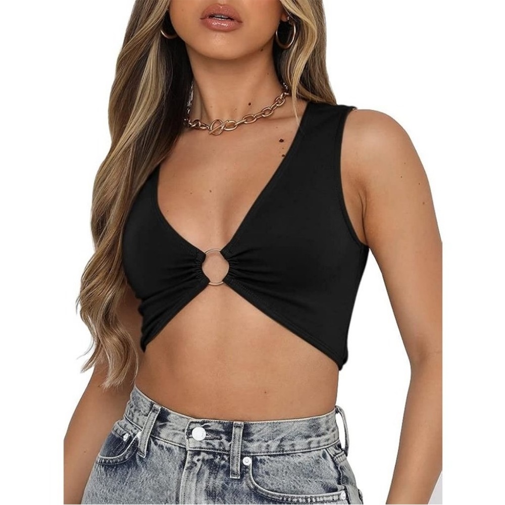 Aevziv Black with Silver Ring-Front Crop Tank Top, Super Soft & Stretchy, Size L